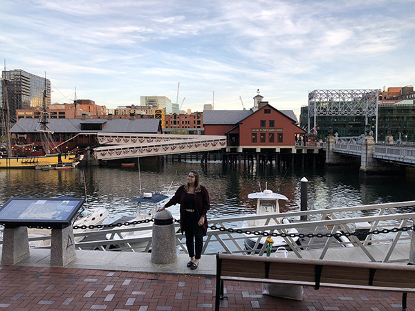 Sara in front of spot of Boston Tea Party